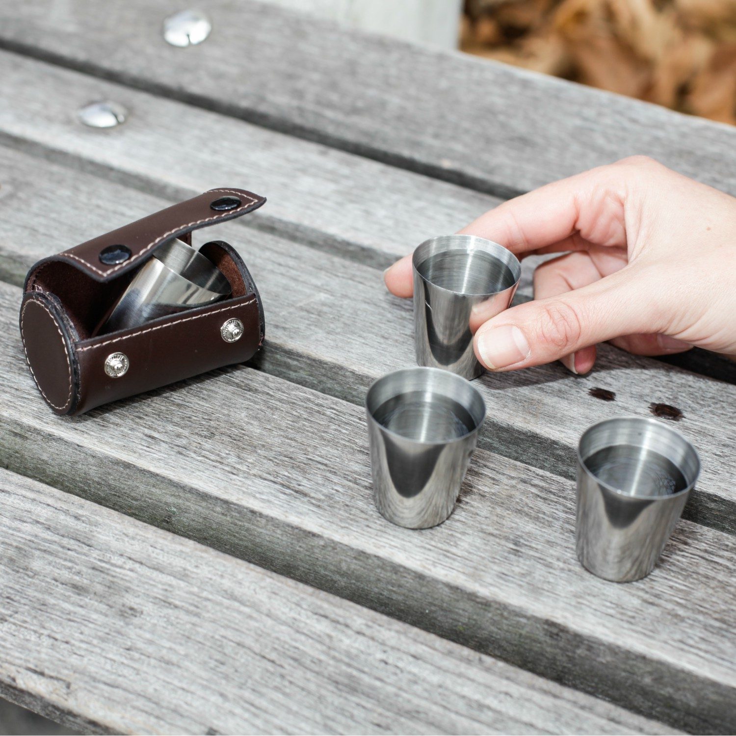 Shotglaasjes Met Leren Hoes (Set Van 4) - Kikkerland